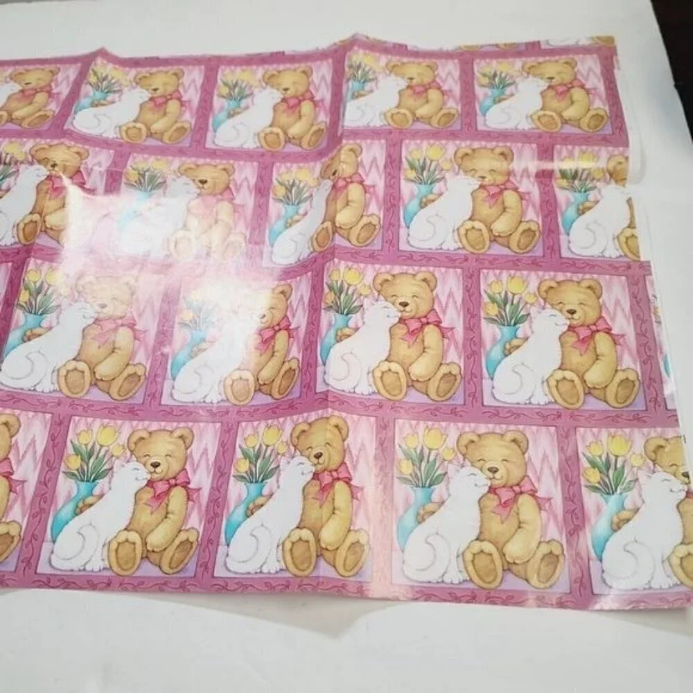 Vintage 90s AGC Kawaii Pink Cute Cuddly Teddy Bear Cat Gift Wrap